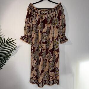 Boho Linen Paisley Smocked Off-Shoulder Midi Dress with Pockets Earth Tone